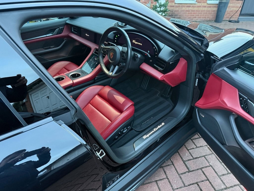 Porsche Taycan Turbo S — red leather interior deep cleaned, conditioned and finished